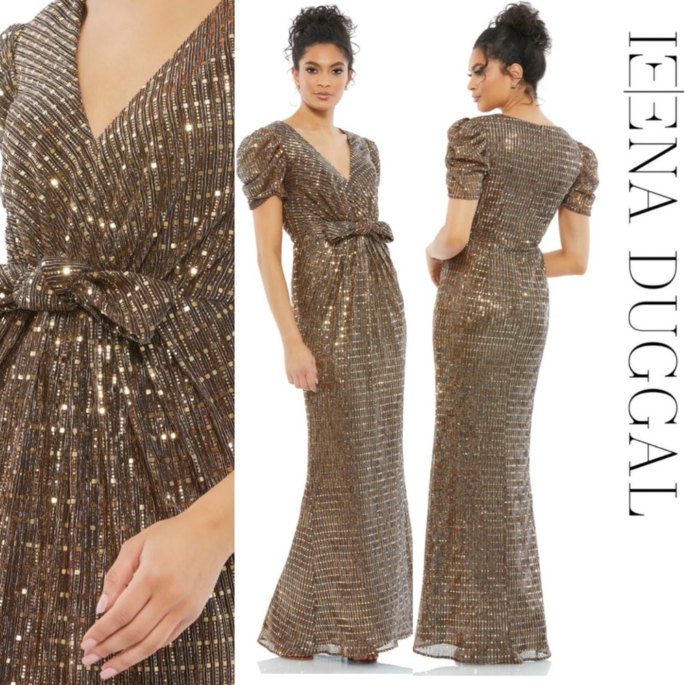 Ieena x Mac Duggal - Bronze Bow Waist Cap Sleeve Metallic Gown - Size 14